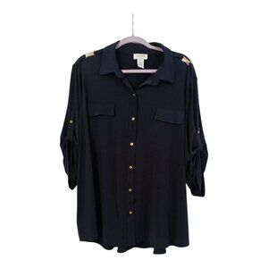 CARMEN Marc Valvo Womens Blouse Plus Size 3X Navy Blue Button Up Bling Stretch